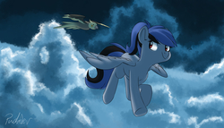 Size: 4960x2841 | Tagged: safe, artist:pucksterv, oc, oc only, oc:acela, bird, cockatiel, pegasus, pony, cloud, female, flying, mare, night