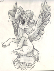 Size: 1307x1727 | Tagged: safe, artist:gaelledragons, oc, oc only, oc:lydria, pegasus, pony, bow, female, flying, goggles, grayscale, hair bow, mare, monochrome, smiling, solo, traditional art