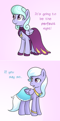 Size: 500x1002 | Tagged: safe, artist:marikaefer, cloudchaser, flitter, pegasus, pony, ask flitter and cloudchaser, g4, alternate hairstyle, clothes, dialogue, dress, female, gala dress, mare, sisters