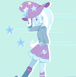 Size: 2368x2392 | Tagged: safe, artist:yuck, edit, trixie, equestria girls, g4, blue background, clothes, cropped, cute, diatrixes, female, hand on hip, hat, high res, open mouth, profile, simple background, skirt, solo, stars, trixie's hat