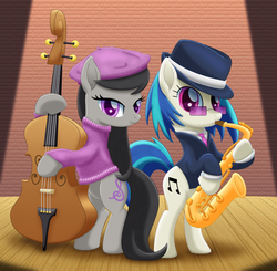 Size: 2208x2160 | Tagged: safe, artist:lifesharbinger, dj pon-3, octavia melody, vinyl scratch, earth pony, pony, unicorn, bipedal, clothes, duet, duo, hat, looking at you, musical instrument, playing, saxophone, smiling, spotlight, stage, top hat