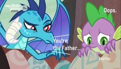 Size: 1280x725 | Tagged: safe, edit, edited screencap, screencap, princess ember, spike, dragon, g4, sweet and smoky, caption, dragon egg, egg, female, male, ship:emberspike, shipping, straight, you're the father