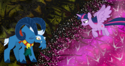 Size: 1500x800 | Tagged: artist needed, safe, grogar, twilight sparkle, alicorn, pony, g4, angry, bell, final battle, flying, twilight sparkle (alicorn), twilight vs grogar, vector