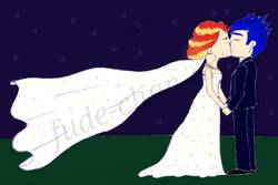 Size: 1000x666 | Tagged: safe, artist:fude-chan-art, flash sentry, sunset shimmer, equestria girls, g4, bride, clothes, dress, female, groom, kissing, male, marriage, ship:flashimmer, shipping, straight, wedding, wedding dress, wedding night, wedding veil