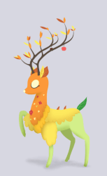 Size: 488x800 | Tagged: safe, artist:brightroom, the great seedling, dryad, elk, g4, going to seed, animated, apple, beautiful, branches for antlers, eyes closed, female, food, gif, gray background, leaves, profile, simple background, solo, that was fast