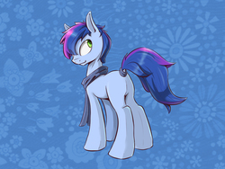 Size: 1920x1440 | Tagged: source needed, safe, artist:l8lhh8086, oc, oc only, oc:crystal eve, earth pony, pony, abstract background, clothes, rear view, scarf, solo