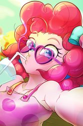 Size: 2050x3091 | Tagged: safe, artist:noupu, pinkie pie, equestria girls, equestria girls series, g4, spring breakdown, spoiler:eqg series (season 2), armpits, bow, clothes, cup, cute, diapinkes, dress, drinking, female, glasses, hair bow, heart shaped glasses, high res, looking at you, selfie, sleeveless, solo, straw