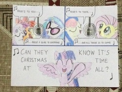 Size: 3264x2448 | Tagged: safe, artist:don2602, apple bloom, bon bon, dj pon-3, fluttershy, scootaloo, sweetie belle, sweetie drops, twilight sparkle, vinyl scratch, alicorn, earth pony, pegasus, pony, unicorn, comic:do ponies know it's christmas?, g4, band aid (music group), bastille, dan smith, do they know it's christmas, eyes closed, high res, multiple, music notes, olly murs, one direction, raised hoof, recording studio, rita ora, sam smith, singing, song reference, traditional art, twilight sparkle (alicorn)