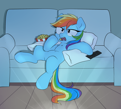 Size: 2000x1810 | Tagged: safe, artist:confetticakez, rainbow dash, pegasus, pony, g4, armpits, bored, couch, eating, female, food, mare, on back, pillow, popcorn, sitting, solo, watching tv