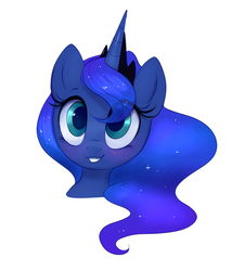 Size: 1310x1528 | Tagged: safe, artist:confetticakez, princess luna, alicorn, pony, g4, blushing, bust, crown, cute, ethereal mane, eye clipping through hair, female, galaxy mane, head, jewelry, lunabetes, mare, regalia, simple background, smiling, solo, starry mane, white background