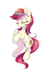 Size: 1223x1877 | Tagged: safe, artist:confetticakez, derpibooru exclusive, roseluck, earth pony, pony, g4, background pony, calm, cute, eyes closed, female, floating, flower, flower in hair, mare, no mouth, relaxed, rosabetes, simple background, solo, white background
