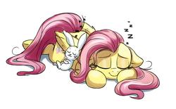 Size: 2000x1240 | Tagged: safe, artist:confetticakez, angel bunny, fluttershy, pegasus, pony, g4, angelbetes, cute, duo, eyes closed, female, floppy ears, folded wings, leaning back, mare, onomatopoeia, peaceful, prone, shyabetes, simple background, sleeping, smiling, sound effects, white background, wings, zzz