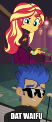 Size: 636x1488 | Tagged: safe, flash sentry, sunset shimmer, equestria girls, g4, how to backstage, my little pony equestria girls, spoiler:eqg series (season 2), ass, butt, female, male, meme, ship:flashimmer, shipping, straight, sunglasses, waifu thief