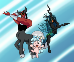 Size: 2312x1933 | Tagged: safe, artist:andromedasparkz, cozy glow, lord tirek, queen chrysalis, centaur, changeling, changeling queen, pegasus, pony, frenemies (episode), g4, cozybetes, crossover, cute, cutealis, female, filly, male, open mouth, pokémon, pose, team rocket, tirebetes