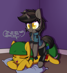 Size: 1776x1920 | Tagged: safe, artist:lockheart, oc, oc only, oc:blocky bits, oc:ivy, pony, back massage, dialogue, duo, hockless socks, hoofless socks, massage, not porn, pillow, text