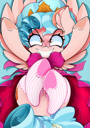 Size: 2893x4092 | Tagged: safe, artist:ahekao, cozy glow, pony, g4, school raze, season 8, butt, clothes, cozy glutes, cozybetes, cute, dress, ear fluff, evil, featureless crotch, female, filly, foal, heart, hoof heart, hug, jewelry, looking at you, plot, puffy sleeves, pure concentrated unfiltered evil of the utmost potency, ribbon, socks, stockings, striped socks, technically an upskirt shot, thigh highs, tiara
