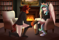 Size: 3548x2400 | Tagged: safe, artist:fairdahlia, princess celestia, oc, alicorn, unicorn, anthro, plantigrade anthro, g4, book, bookshelf, boots, chair, clothes, couch, crossed legs, equestrian, female, fire, fireplace, glasses, high res, human feet, jacket, kneeling, leather, leather boots, looking down, male, mare, pants, shoes, sitting, stallion