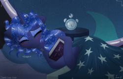Size: 3500x2250 | Tagged: safe, artist:darkest-lunar-flower, princess luna, alicorn, pony, g4, alarm clock, bed, bedsheets, blushing, book, clock, commission, female, high res, mare, pillow, sleeping, solo
