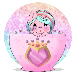 Size: 800x800 | Tagged: safe, artist:lunaticlilycoms, oc, oc only, oc:cherished heart, pony, unicorn, animated, blushing, cup, cup of pony, heart, horn, micro, simple background, solo, transparent background, unicorn oc, ych result