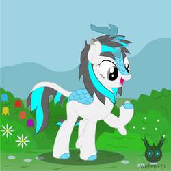 Size: 1408x1408 | Tagged: safe, artist:wheatley r.h., oc, oc only, oc:blizzard flare, kirin, berry bush, bush, cloven hooves, eating, female, flower, food, gray eyes, kirin oc, mare, mountain, open mouth, single panel, solo, vector, watermark, white berry