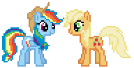 Size: 192x97 | Tagged: safe, artist:sinamuna, applejack, rainbow dash, earth pony, pegasus, pony, g4, alternate hairstyle, applejack's hat, cowboy hat, desktop ponies, duo, female, hat, mane swap, mare, pixel art, simple background, smiling, sprite, transparent background