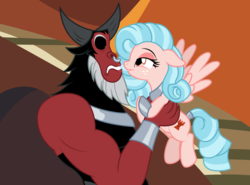 Size: 2877x2129 | Tagged: safe, artist:badumsquish, derpibooru exclusive, cozy glow, lord tirek, centaur, pegasus, pony, g4, after kiss, armor, beard, bedroom eyes, ears back, eye contact, facial hair, female, freckles, high res, holding a pony, kiss mark, kissing, lipstick, looking at each other, male, mare, older, older cozy glow, scared, ship:cozirek, shipping, show accurate, smiling, smirk, spread wings, straight, wingboner, wings