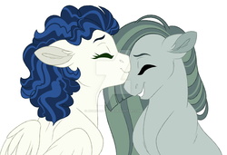 Size: 1023x698 | Tagged: safe, artist:azure-art-wave, high winds, marble pie, earth pony, pegasus, pony, g4, crack shipping, deviantart watermark, eyes closed, female, kissing, lesbian, marblewinds, mare, obtrusive watermark, shipping, simple background, watermark, white background