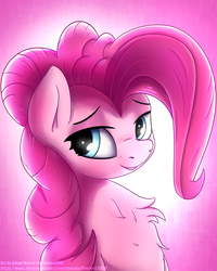 Size: 2000x2500 | Tagged: safe, artist:quefortia, pinkie pie, earth pony, pony, g4, bust, chest fluff, female, high res, pink background, portrait, simple background, smiling, solo