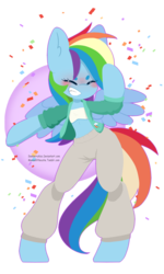 Size: 1024x1701 | Tagged: safe, artist:sawberrykiss, rainbow dash, semi-anthro, g4, arm hooves, bandeau, beanbrows, blushing, clothes, confetti, cute, dancing, dashabetes, eyebrows, eyes closed, female, grin, jacket, midriff, pants, party, smiling, solo