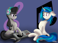Size: 950x700 | Tagged: safe, artist:sadtrooper, dj pon-3, octavia melody, vinyl scratch, pony, g4, :p, accessory theft, chest fluff, cutie mark background, duo, headphones, leg fluff, signature, sitting, tongue out, turntable, uncertain