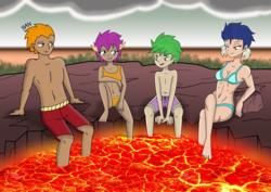 Size: 3327x2358 | Tagged: safe, artist:banquo0, garble, princess ember, smolder, spike, dragon, human, g4, sweet and smoky, barefoot, bikini, clothes, dark skin, feet, female, group, high res, human spike, humanized, lava, male, scar, swimsuit