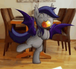 Size: 422x384 | Tagged: safe, artist:stormxf3, oc, oc:echo, bat pony, pony, echo's fruit rampage, animated, bat pony oc, bipedal, cute, dancing, food, gif, irl, mango, mouth hold, ocbetes, photo, ponies in real life, that batpony sure does love mangoes, vibrating, youtube link