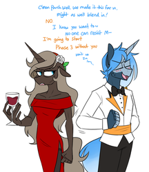 Size: 656x761 | Tagged: safe, artist:redxbacon, oc, oc only, oc:parch well, oc:pillow talk, unicorn, anthro, annoyed, anthro oc, clothes, dress, female, glass, mare, wine glass