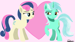 Size: 1920x1080 | Tagged: safe, artist:sadtrooper, bon bon, lyra heartstrings, sweetie drops, earth pony, pony, unicorn, g4, duo, female, heart, heart background, hooves, horn, lesbian, lineless, looking at each other, mare, raised hoof, ship:lyrabon, shipping, signature, smiling