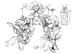 Size: 1700x1240 | Tagged: safe, artist:nxzc88, angel bunny, fluttershy, pinkie pie, rainbow dash, earth pony, pegasus, pony, rabbit, g4, animal, band, bipedal, bowtie, drum kit, drums, drumsticks, eyes closed, guitar, headset, microphone, monochrome, mouth hold, musical instrument, open mouth, playing instrument, singing, sketch, smiling, speaker, sunglasses, trio, visor