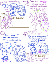 Size: 1280x1611 | Tagged: safe, artist:adorkabletwilightandfriends, sweetie belle, oc, oc:officer connor, oc:star dusk, earth pony, pony, unicorn, comic:adorkable twilight and friends, g4, adorkable, adorkable friends, blushing, brownie, card, comic, cuffs, cute, desperate, dork, embarrassed, female, filly, food, glowing, glowing horn, hopping, horn, humor, implied rarity, innocent, innuendo, levitation, lineart, magic, magic aura, mare, oblivious, officer, police, ponyville police, rawr, telekinesis, walkie talkie