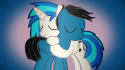 Size: 3840x2160 | Tagged: safe, artist:agkandphotomaker2000, dj pon-3, vinyl scratch, oc, oc:pony video maker, pegasus, pony, unicorn, g4, canon x oc, cute, female, high res, hug, male, mare, peaceful, stallion, videoscratch