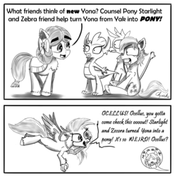 Size: 1500x1514 | Tagged: safe, artist:chopsticks, gallus, ocellus, sandbar, silverstream, smolder, yona, changeling, dragon, griffon, pony, yak, g4, she's all yak, bow, comic, dialogue, disguise, disguised changeling, female, flying, hair bow, male, mare, monkey swings, monochrome, open mouth, ponified, pony yona, species swap, stallion, student six, text, trick, trolling