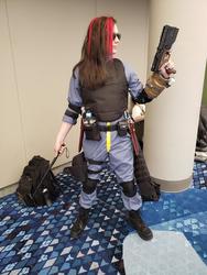 Size: 3024x4032 | Tagged: safe, oc, oc only, oc:blackjack, human, fallout equestria, fallout equestria: project horizons, backpack, clothes, cosplay, costume, fallout, fanfic art, gun, irl, irl human, momocon, momocon 2019, photo, solo, sunglasses, weapon, woman