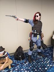 Size: 3024x4032 | Tagged: safe, oc, oc only, oc:blackjack, human, fallout equestria, fallout equestria: project horizons, backpack, clothes, cosplay, costume, fallout, fanfic art, gun, irl, irl human, momocon, momocon 2019, photo, sunglasses, weapon, woman