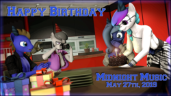 Size: 3840x2160 | Tagged: safe, artist:max seller, octavia melody, oc, oc:aurora starling, oc:max seller, oc:midnight music, unicorn, anthro, g4, 3d, birthday, cake, camera, candlelight, clapping, clothes, food, gasp, happy birthday, hat, high res, kitchen, party hat, photoshop, present, smiling, source filmmaker, surprised, surprised face, text