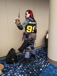 Size: 3024x4032 | Tagged: safe, oc, oc only, oc:blackjack, human, fallout equestria, fallout equestria: project horizons, backpack, clothes, cosplay, costume, fallout, fanfic art, gun, irl, irl human, momocon, momocon 2019, photo, sunglasses, weapon, woman