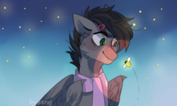 Size: 2500x1500 | Tagged: safe, artist:strejette, oc, oc only, oc:dante fly, hybrid, clothes, hairpin, half bat pony, homestuck, male, scarf, stallion, stars, wing claws