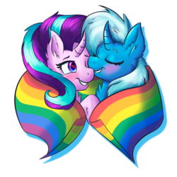Size: 2000x2000 | Tagged: safe, artist:mandy1412, starlight glimmer, trixie, pony, unicorn, g4, blushing, chest fluff, ear fluff, eyes closed, female, fluffy, heart eyes, high res, lesbian, mare, nuzzling, pride, pride flag, pride ponies, ship:startrix, shipping, simple background, white background, wingding eyes