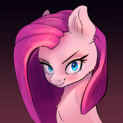 Size: 2795x2795 | Tagged: safe, alternate version, artist:xbi, pinkie pie, earth pony, pony, g4, adorabolical, bust, cheek fluff, chest fluff, cute, cuteamena, ear fluff, evil grin, female, gradient background, grin, high res, looking at you, pinkamena diane pie, portrait, smiling, solo