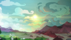 Size: 2100x1180 | Tagged: safe, screencap, fluttershy, smolder, spike, pony, g4, sweet and smoky, cloud, dragon lands, equestria, scenery, sun