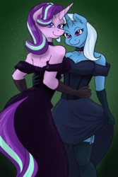 Size: 1000x1500 | Tagged: safe, artist:cadetredshirt, starlight glimmer, trixie, unicorn, anthro, unguligrade anthro, g4, breasts, choker, cleavage, clothes, colored pupils, come hither, corset, dress, dressup, evening gloves, female, garter belt, gloves, gradient background, hand on hip, lesbian, long gloves, looking at camera, looking at you, saloon dress, ship:startrix, shipping, shoulderless, simple background, smiling, socks, stockings, sultry, thigh highs