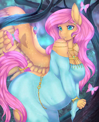 Size: 1200x1480 | Tagged: safe, artist:cheezayballz, fluttershy, butterfly, pegasus, anthro, g4, backless dress, bare shoulders, beautiful, belly, big breasts, breasts, busty fluttershy, clothes, female, mare, open-back dress, preggoshy, pregnant, smiling, solo, spread wings, wings