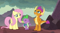 Size: 1920x1080 | Tagged: safe, screencap, fluttershy, smolder, spike, dragon, pegasus, pony, g4, sweet and smoky, backpack, dragoness, female, male, mare, trio, winged spike, wings