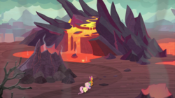 Size: 2100x1180 | Tagged: safe, screencap, fluttershy, smolder, spike, dragon, pegasus, pony, g4, sweet and smoky, dragon lands, dragoness, female, lava, lava pool, male, mare, path, trio, walking, winged spike, wings